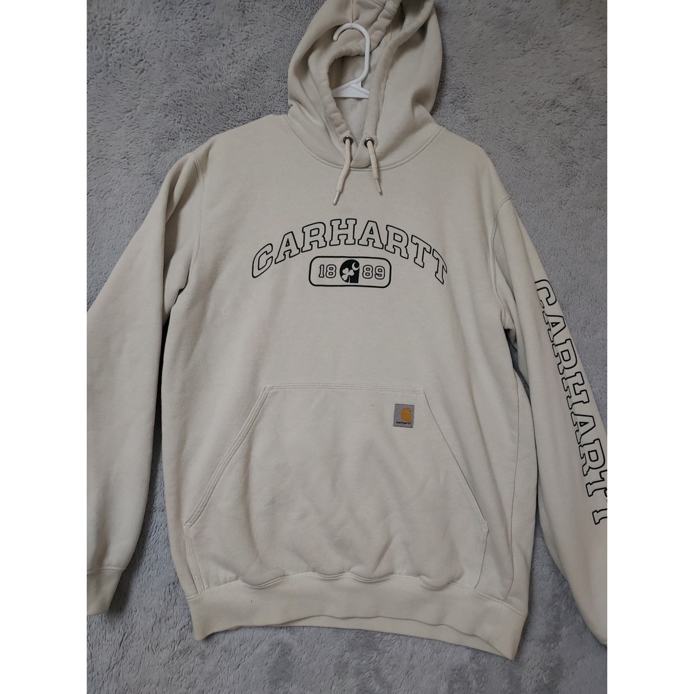 Carhartt Hoodie  Mens Medium Loose Fit Graphic Spellout Fleece Grunge Spots M - Picture 2 of 15